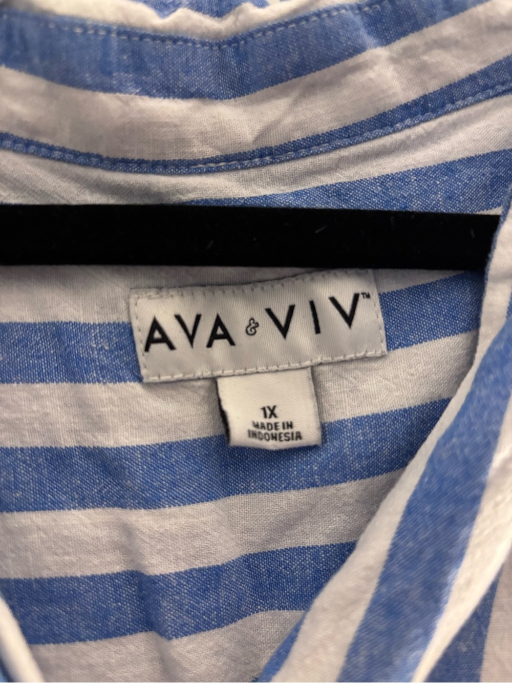 Ava & Viv Blue & White Vertical Stripe Button-Tie Short Sleeve Top - Picture 3 of 4